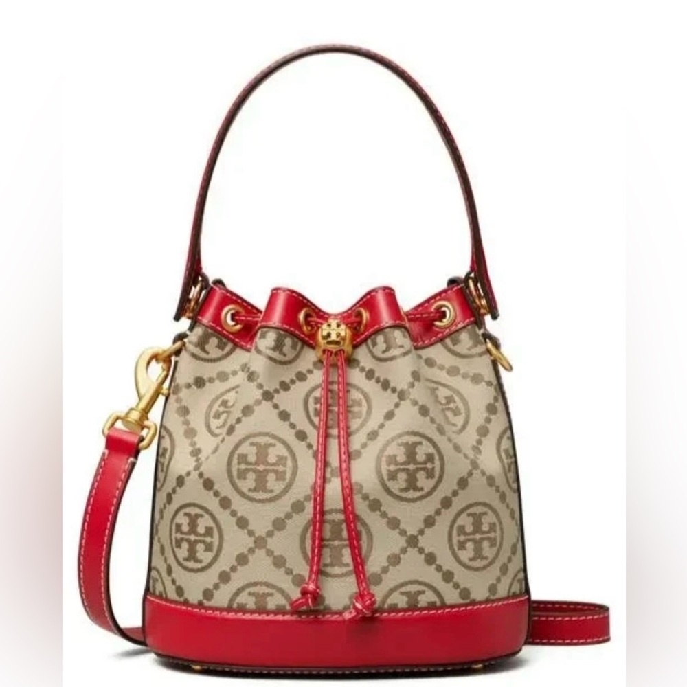 Tory Burch Red and Brown Monogram bucket bag NWT Beautiful!